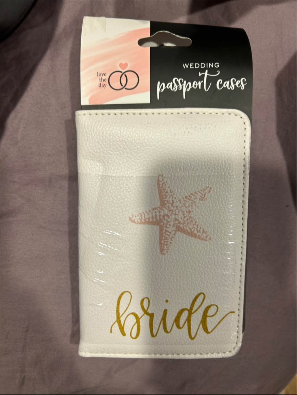 Bride Wedding Passport Case - White with Gold Script & Pink Starfish